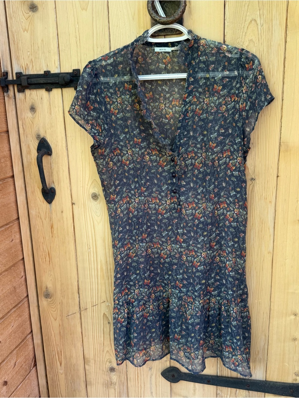 Kimchi- Sheer Silk Shirt Dress Button-Front Navy Floral Size Medium